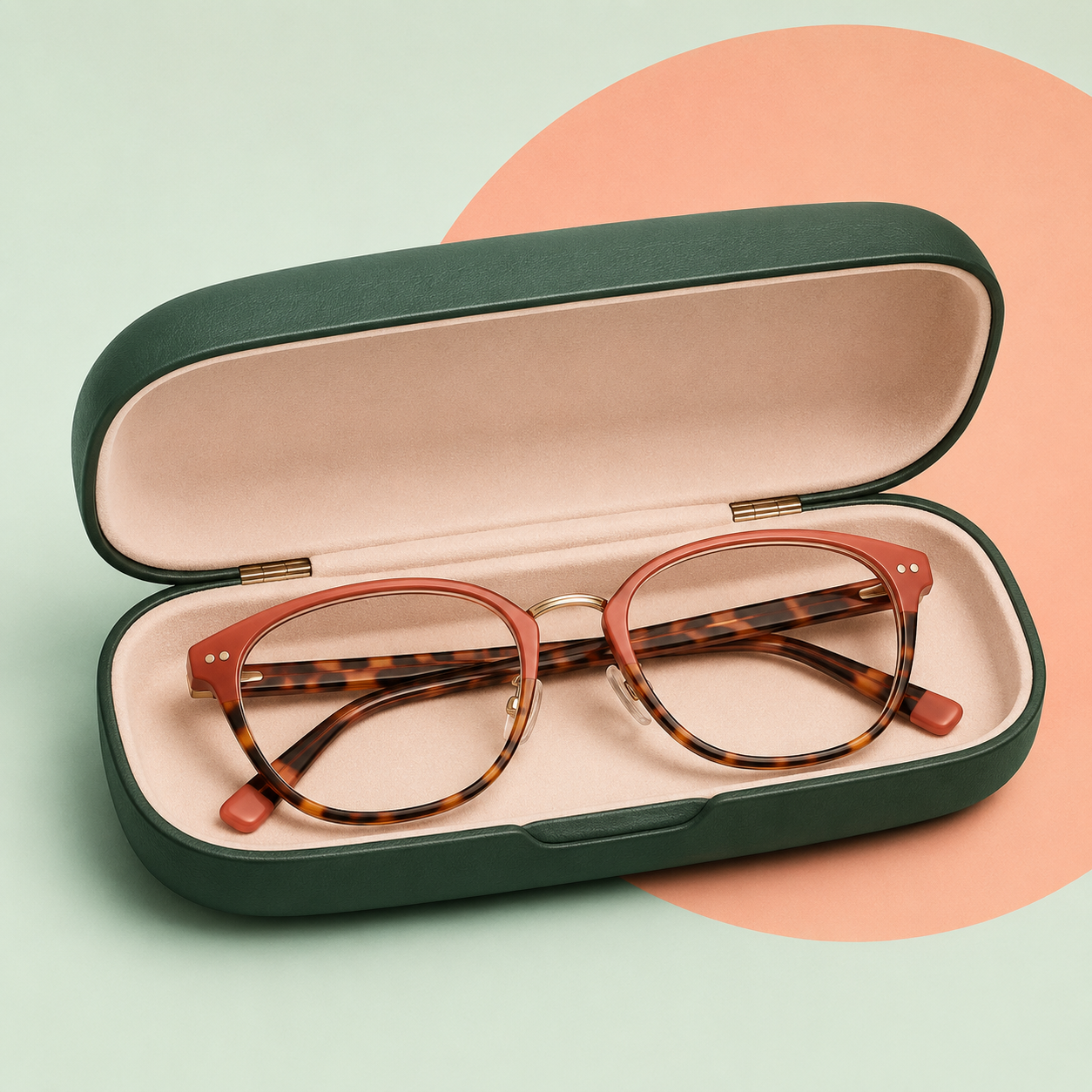 Open forest-green eyeglass case holding coral tortoiseshell glasses